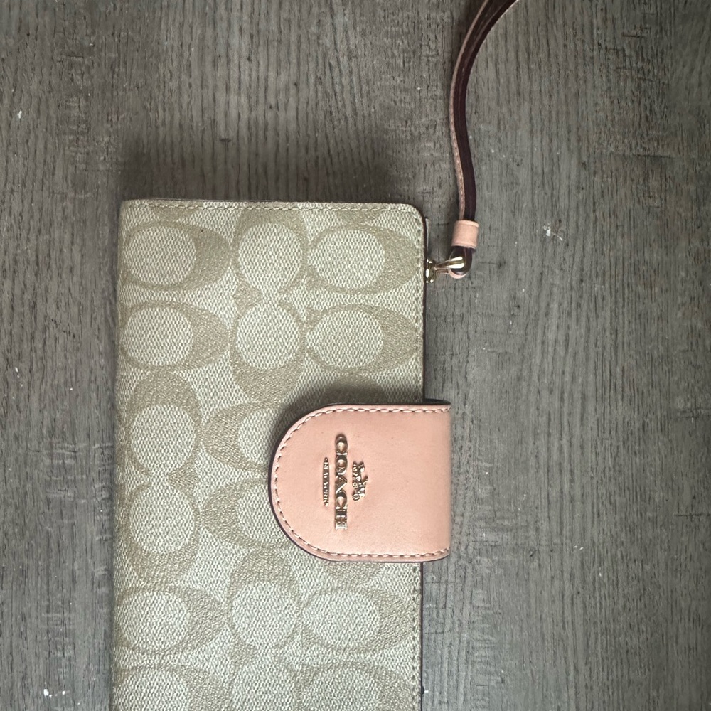 Coach Beige and Pink Signature Wristlet Wallet